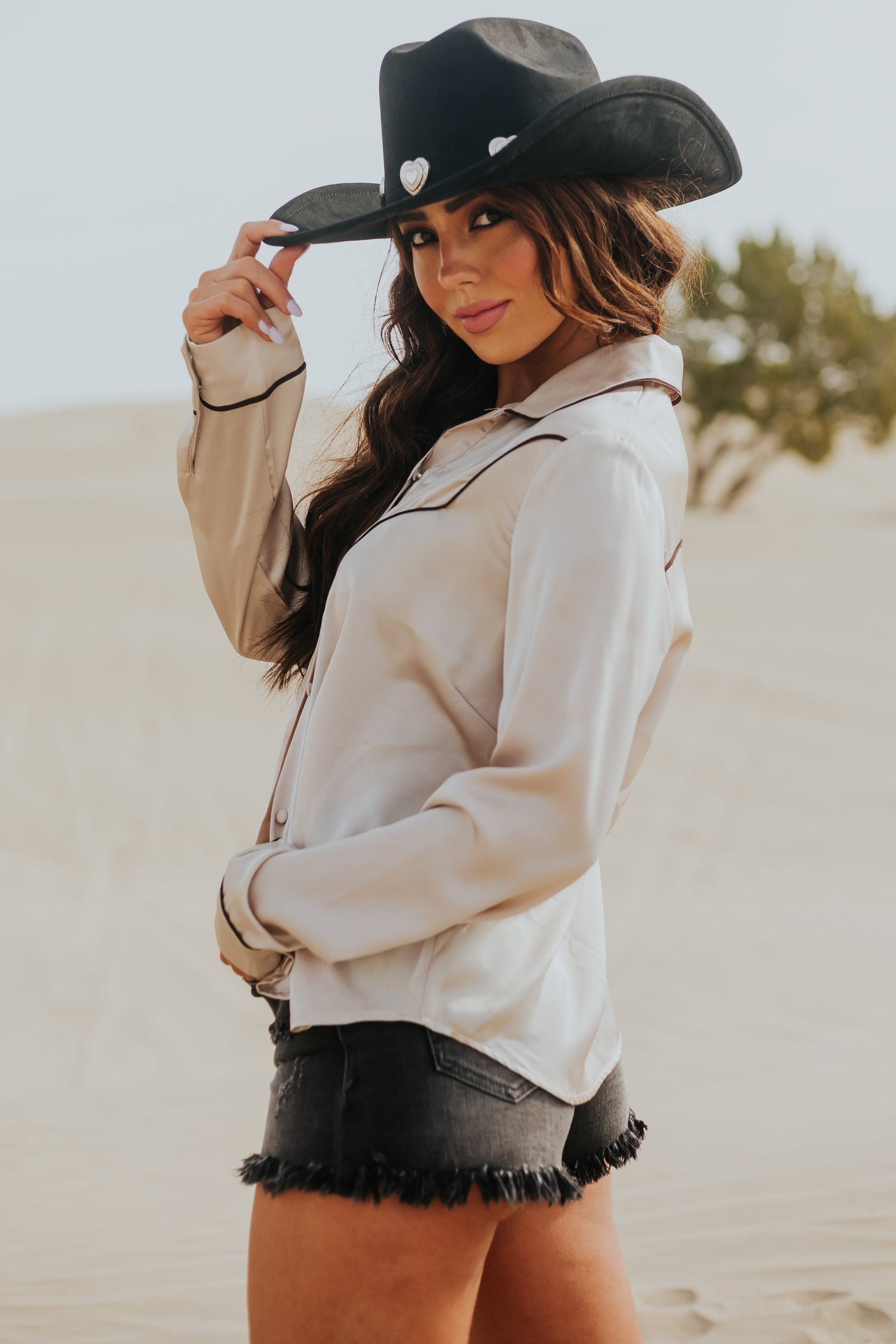 Beige Long Sleeve Collared Button Up Satin Top