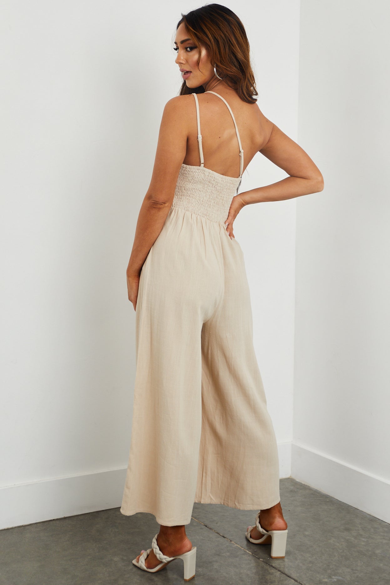 Beige One Shoulder Linen Jumpsuit with Pockets