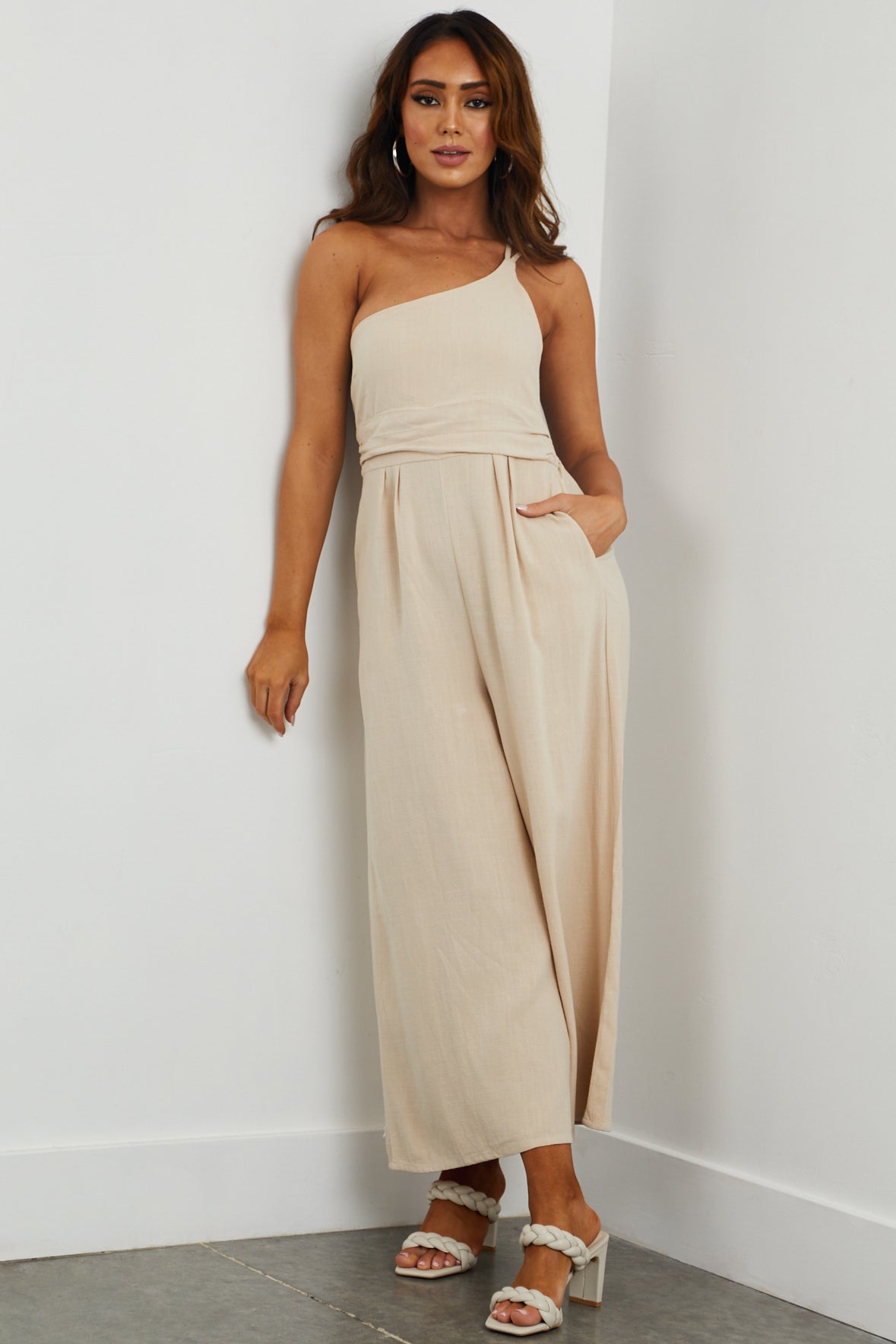 Beige One Shoulder Linen Jumpsuit with Pockets