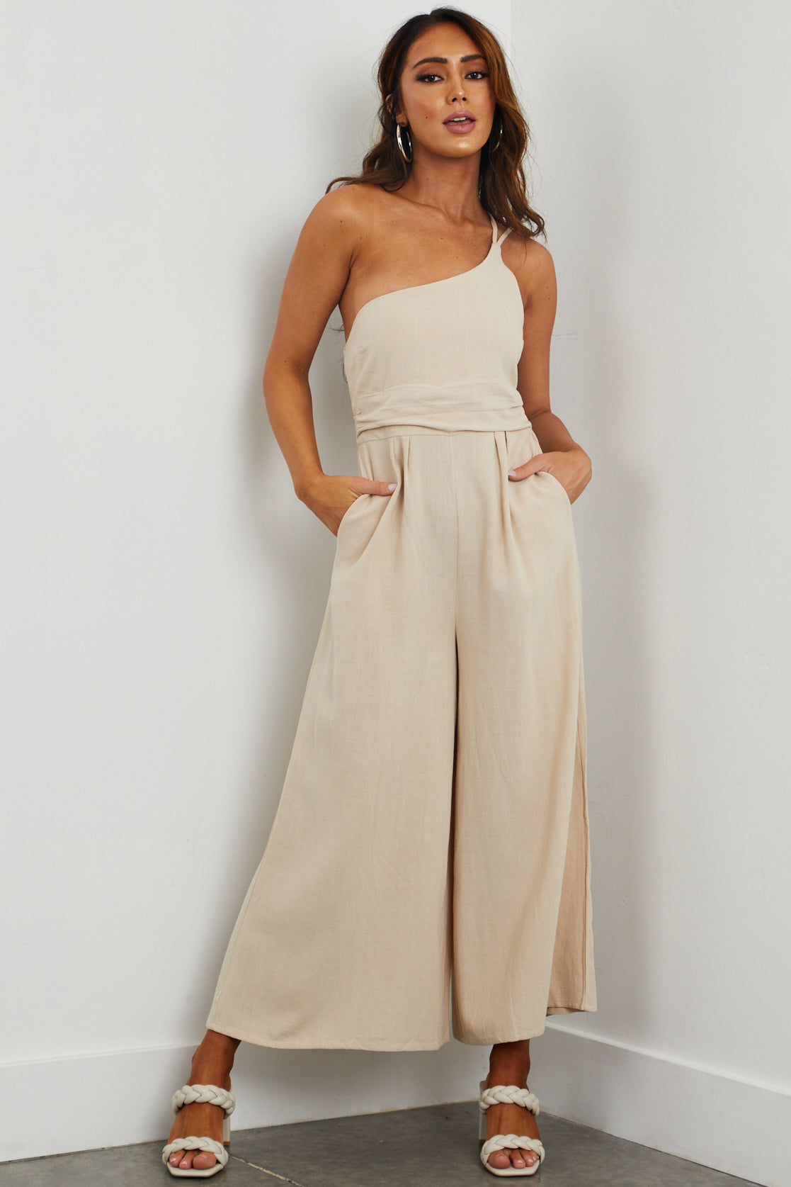 Beige One Shoulder Linen Jumpsuit with Pockets