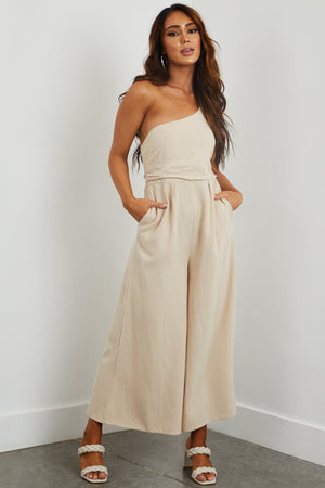Beige One Shoulder Linen Jumpsuit with Pockets