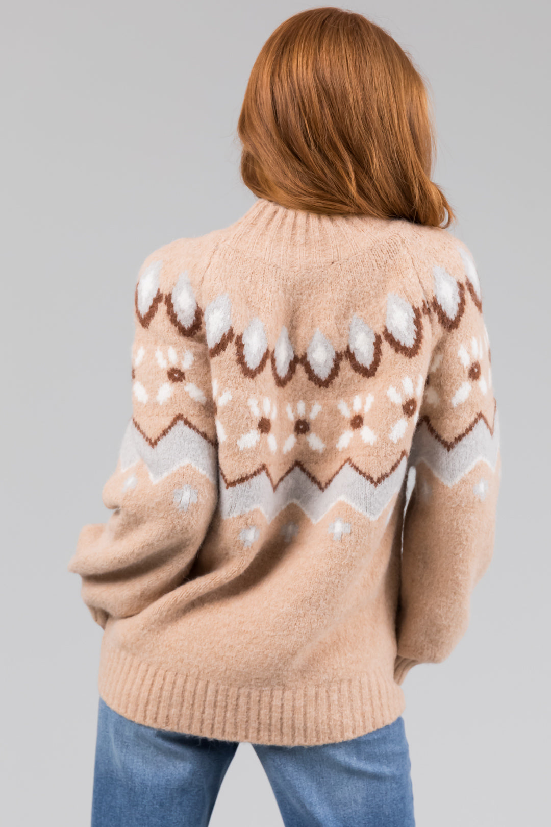 Beige Printed Mock Neck Fuzzy Sweater