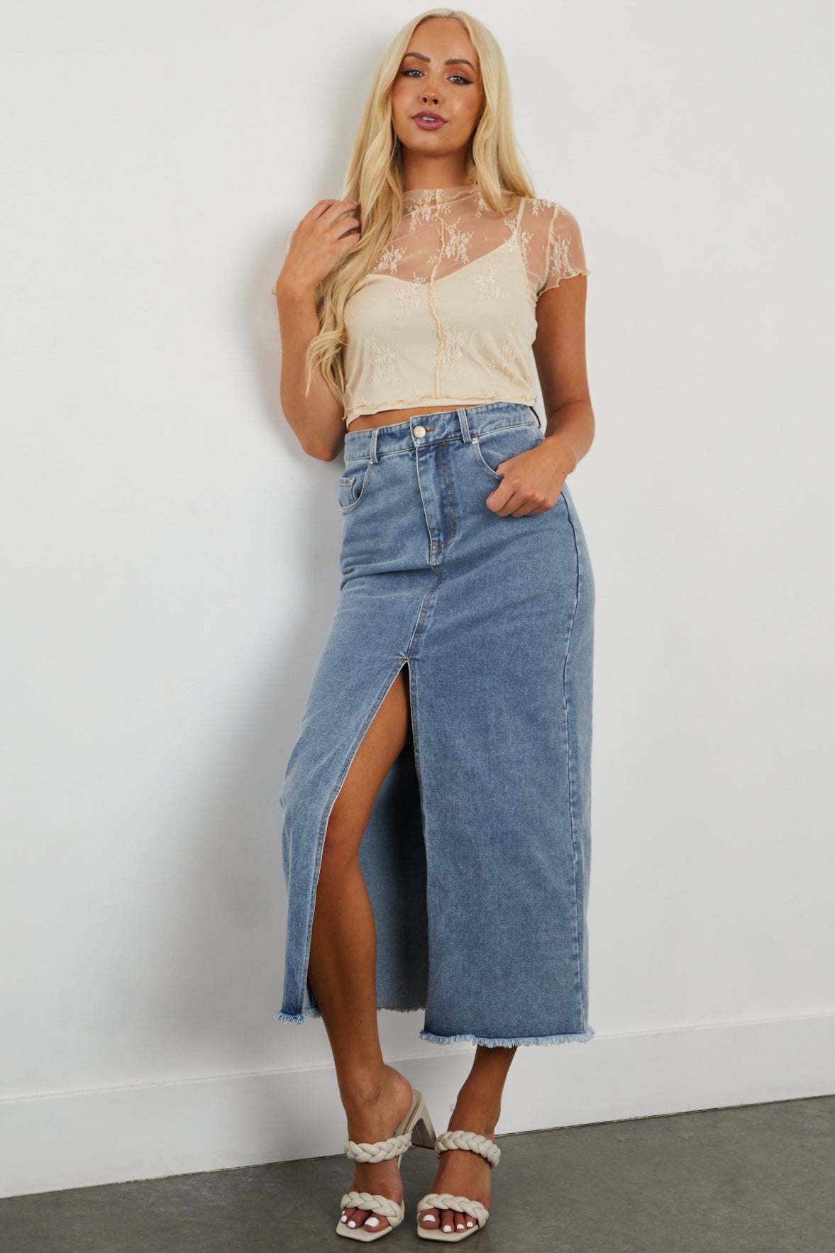 Beige Sheer Cropped Lace Top with Tank Top Lining