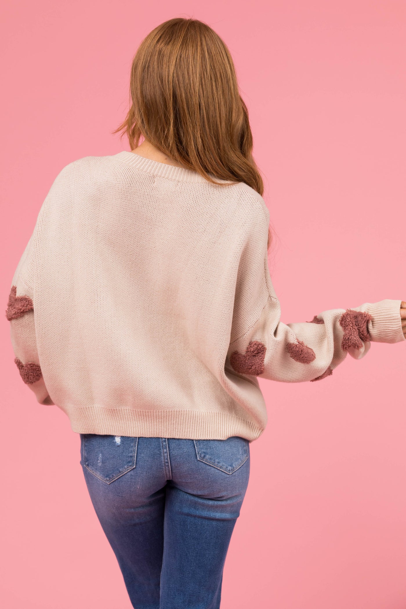 Beige and Rose Taupe Heart Pattern Sweater