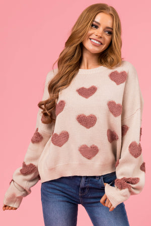 Beige and Rose Taupe Heart Pattern Sweater