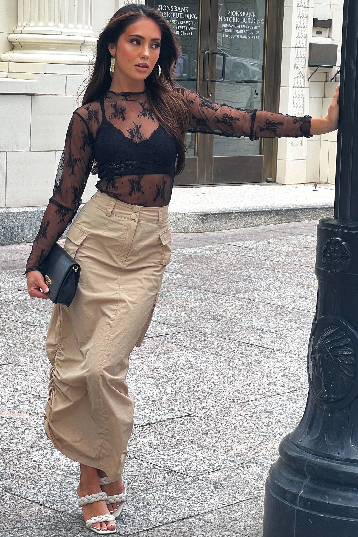 Beige Adjustable Ruched Sides Cargo Midi Skirt