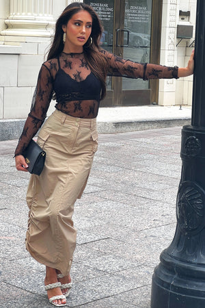 Beige Adjustable Ruched Sides Cargo Midi Skirt