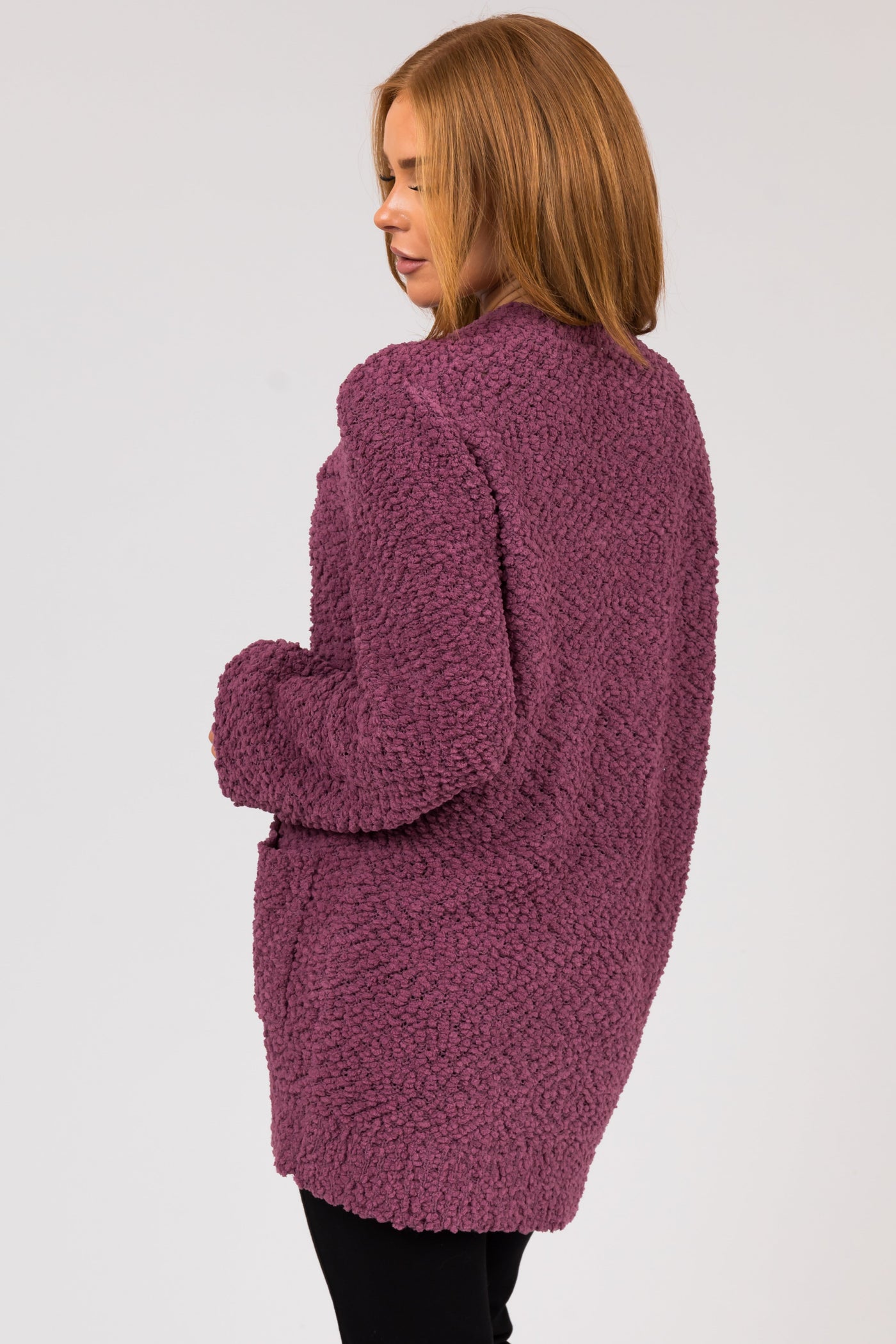 Berry Popcorn Knit Open Front Cardigan