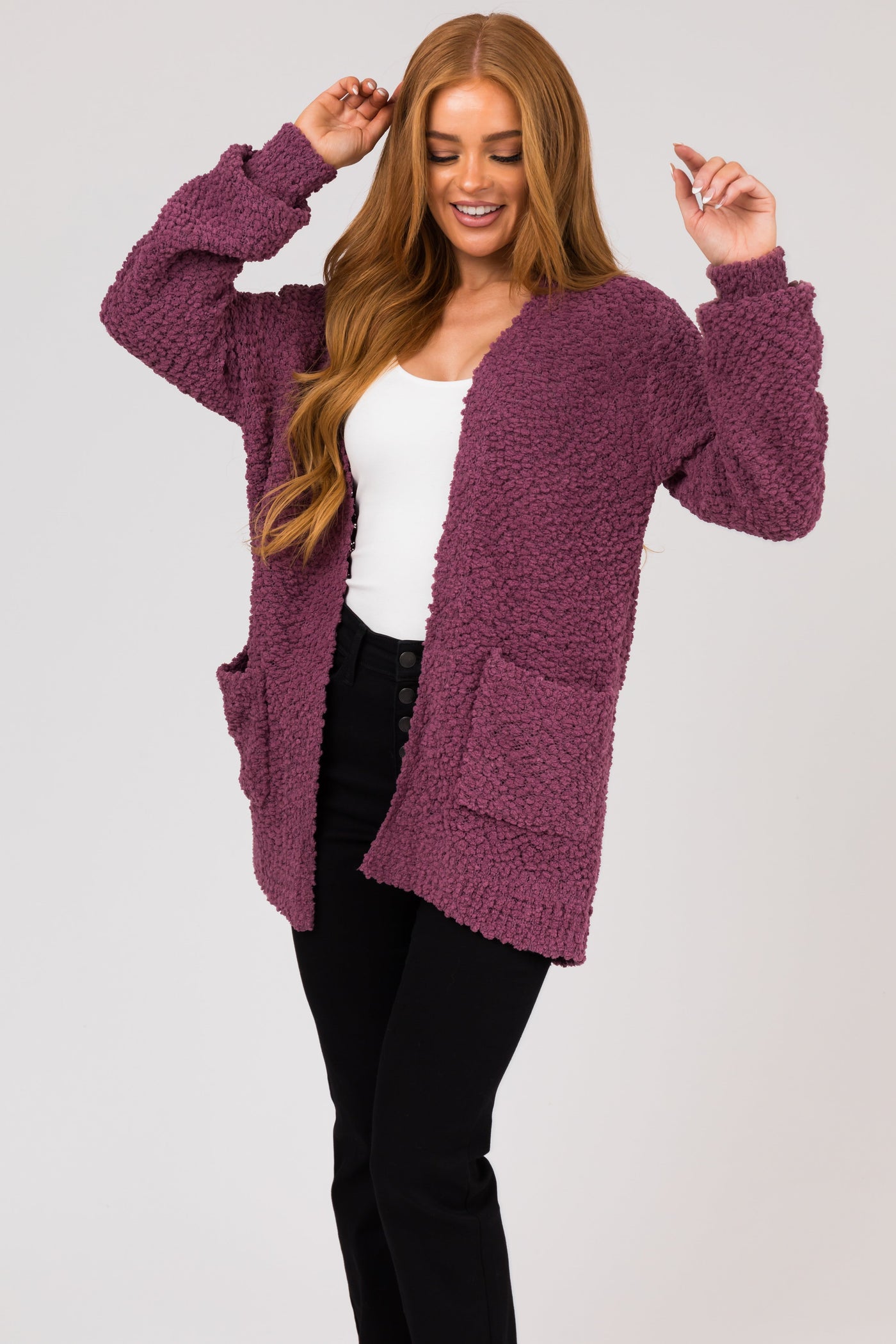 Berry Popcorn Knit Open Front Cardigan