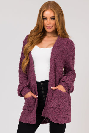 Berry Popcorn Knit Open Front Cardigan