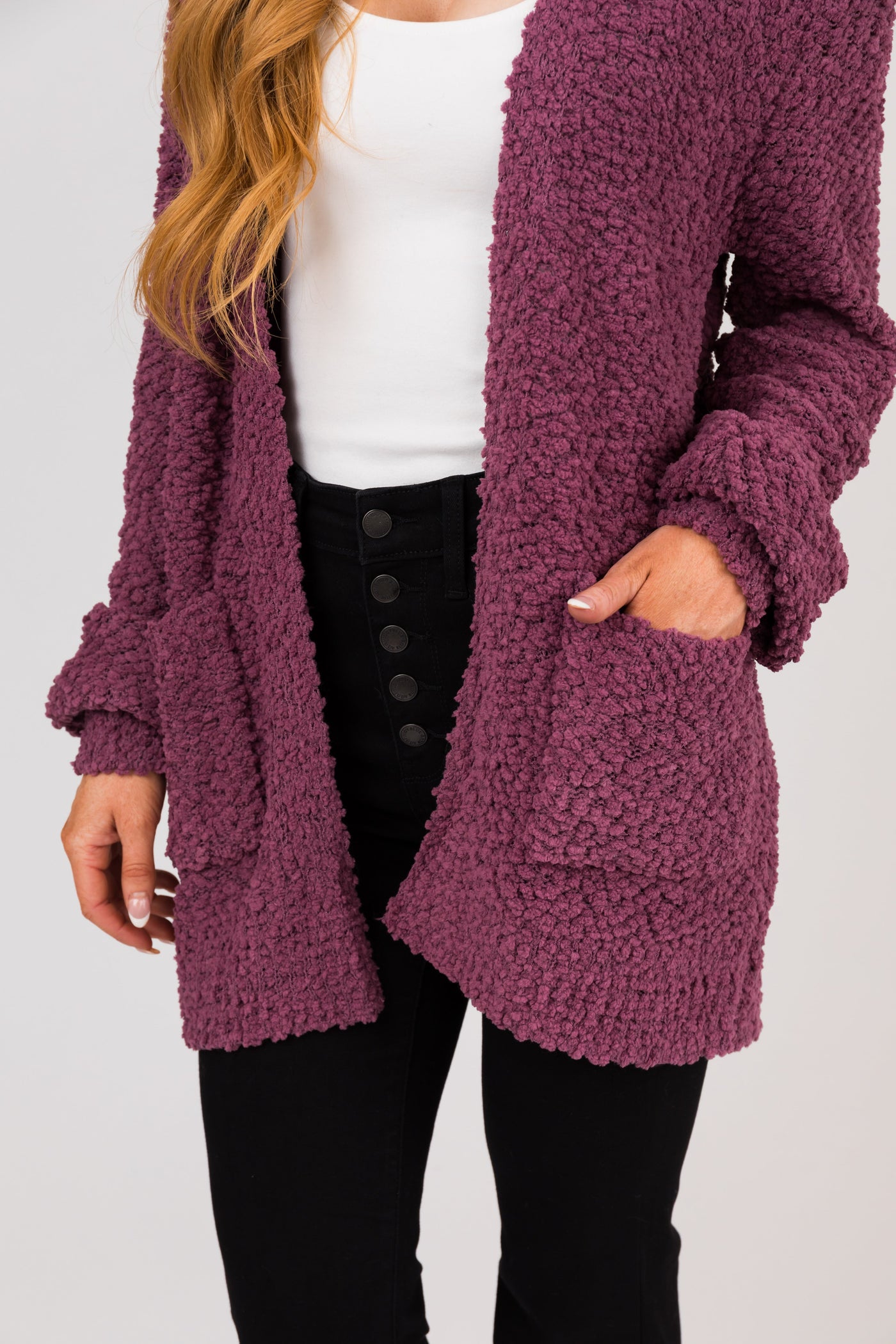 Berry Popcorn Knit Open Front Cardigan