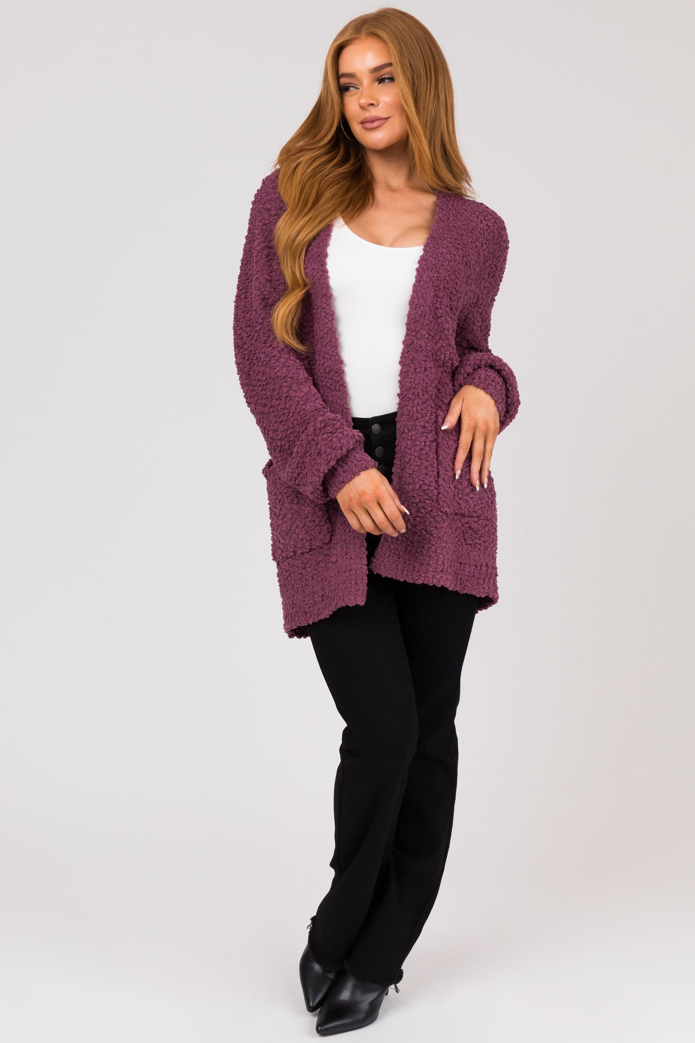 Berry Popcorn Knit Open Front Cardigan