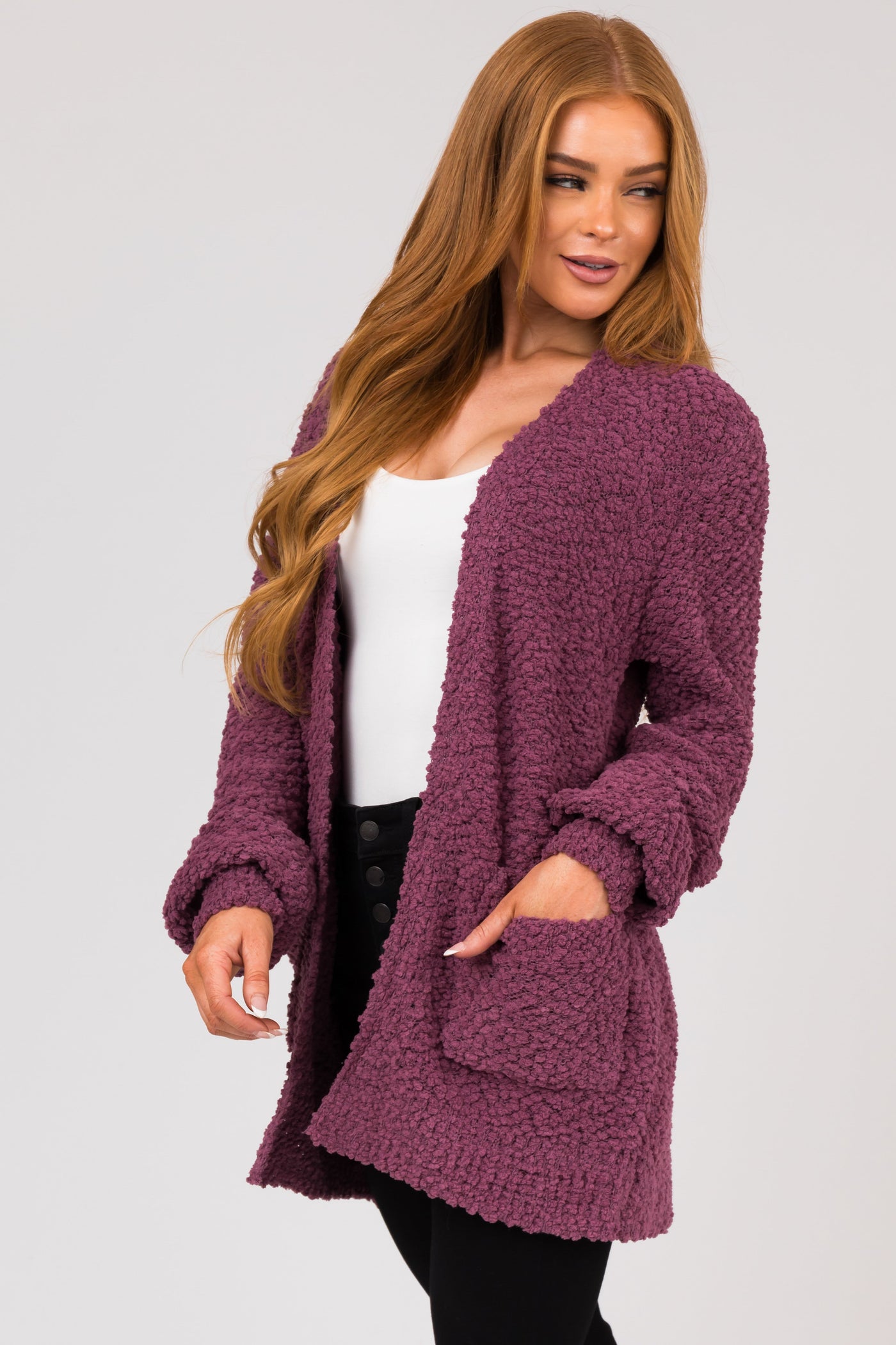 Berry Popcorn Knit Open Front Cardigan