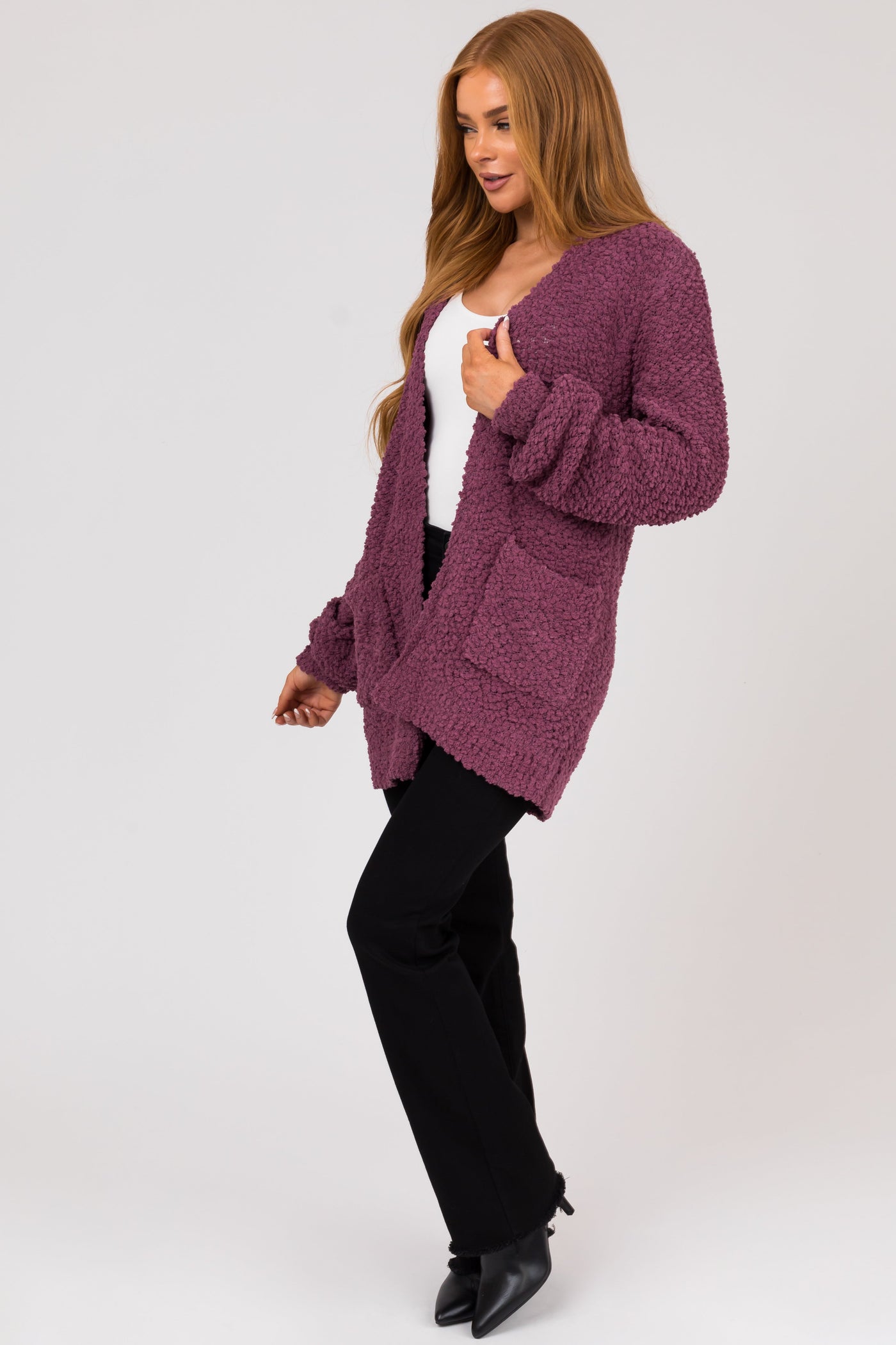 Berry Popcorn Knit Open Front Cardigan