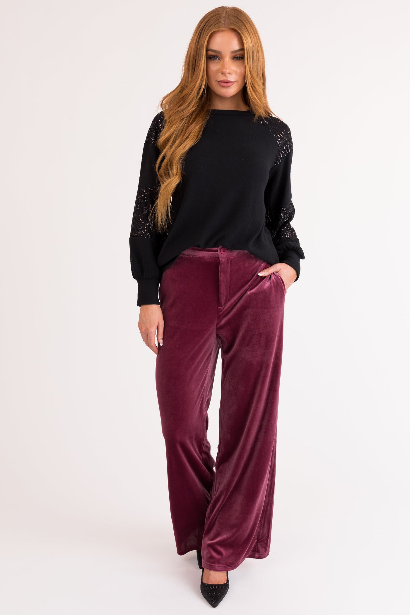 Berry Velvet Wide Leg High Waisted Pants