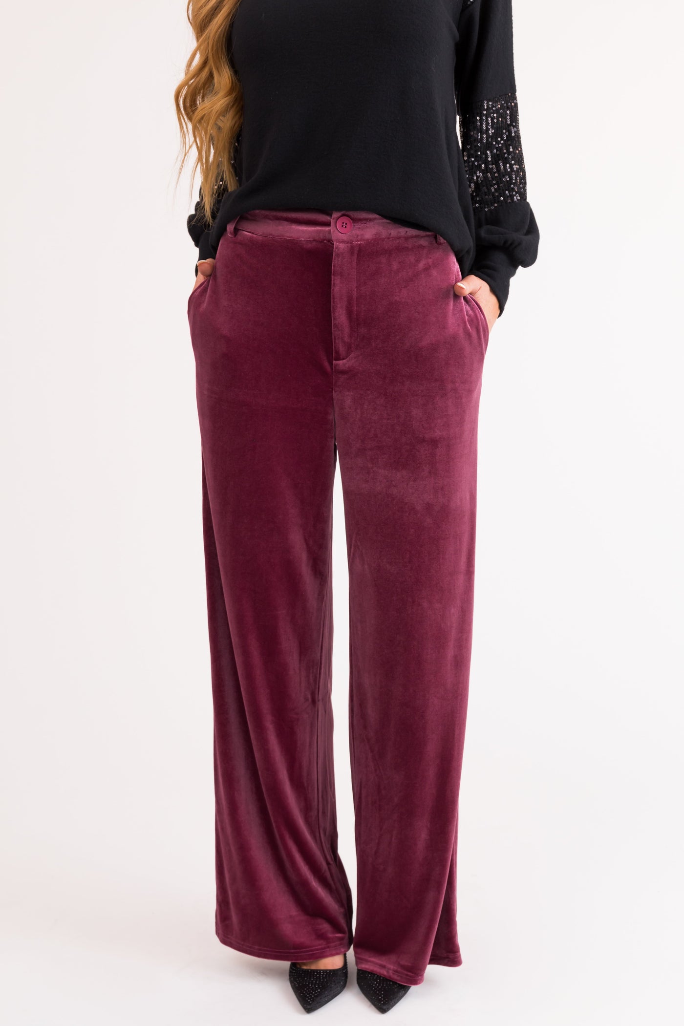 Berry Velvet Wide Leg High Waisted Pants