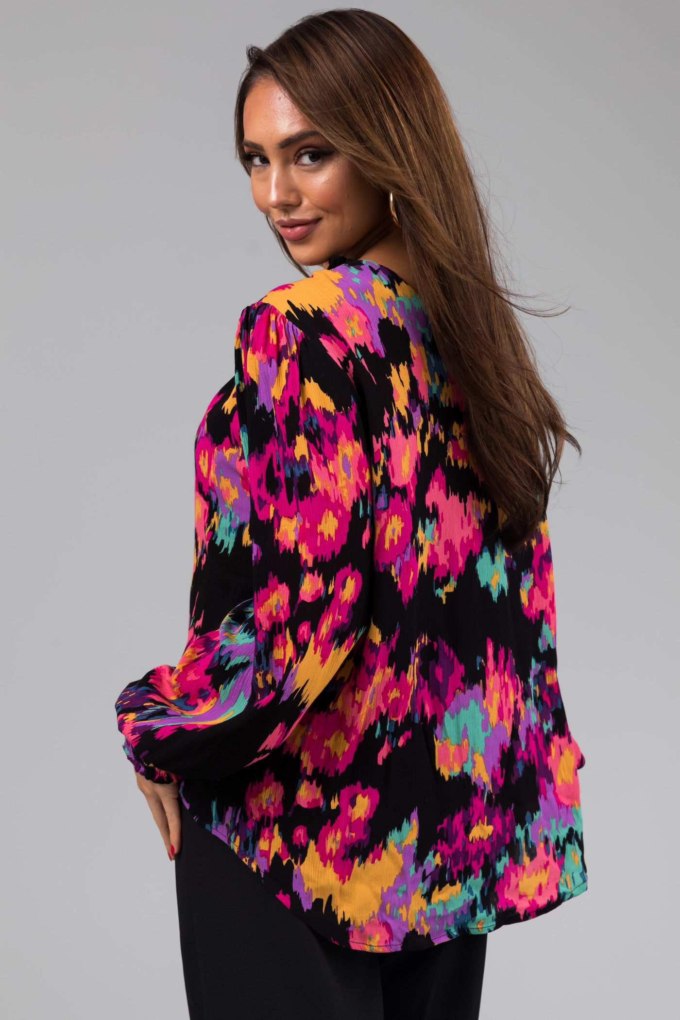 Black Abstract Floral Long Sleeve Blouse