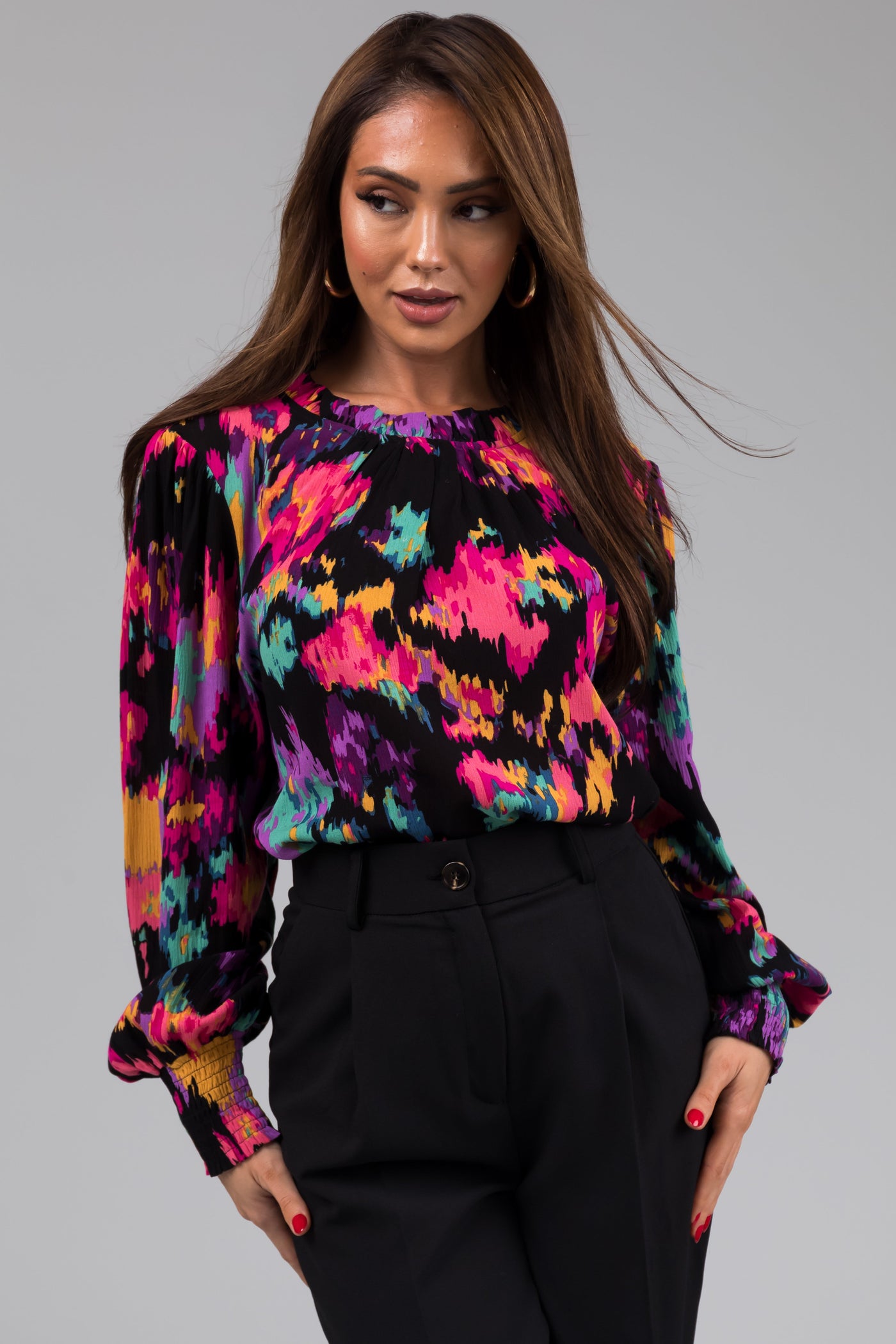 Black Abstract Floral Long Sleeve Blouse