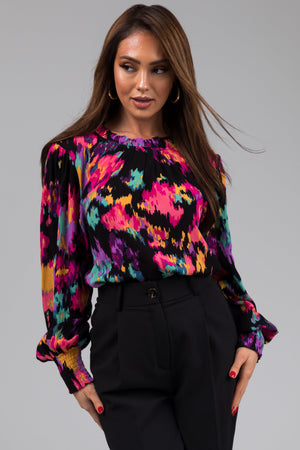 Black Abstract Floral Long Sleeve Blouse