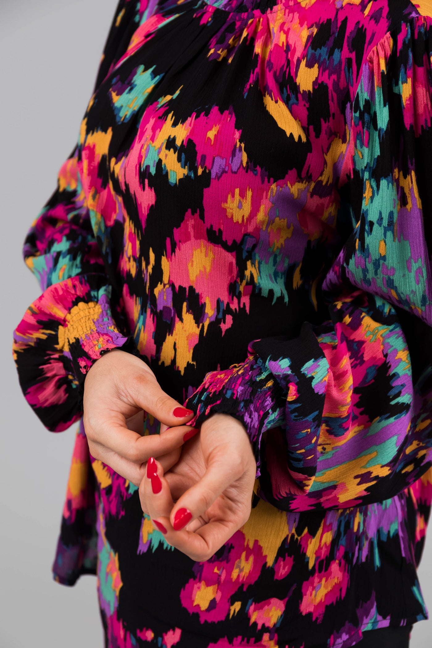 Black Abstract Floral Long Sleeve Blouse