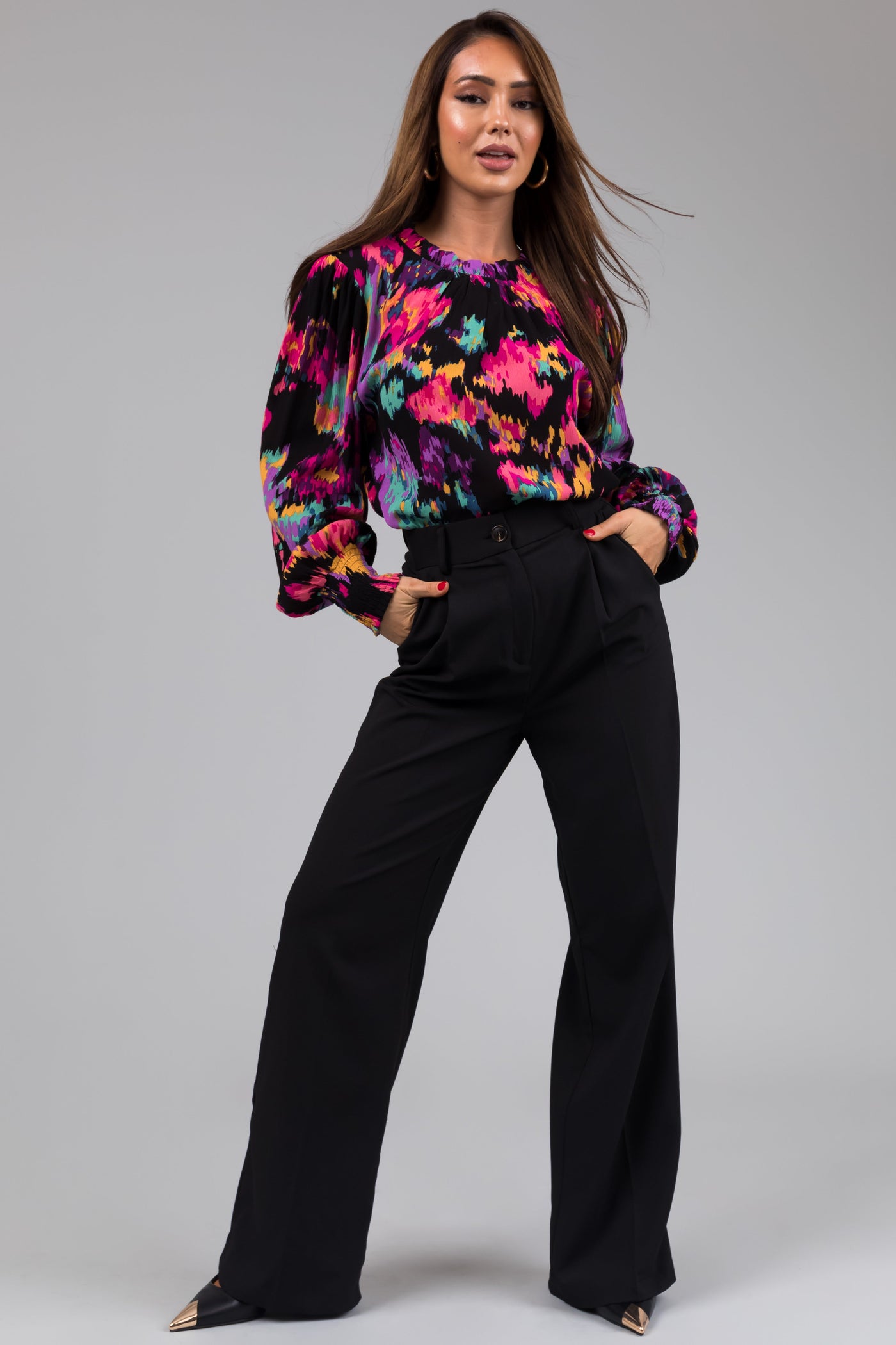 Black Abstract Floral Long Sleeve Blouse