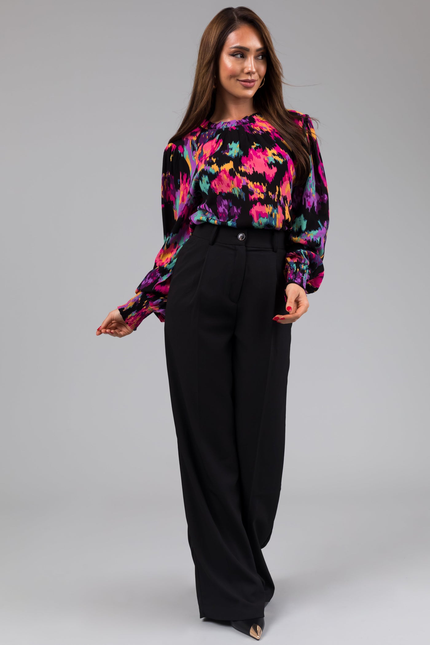 Black Abstract Floral Long Sleeve Blouse