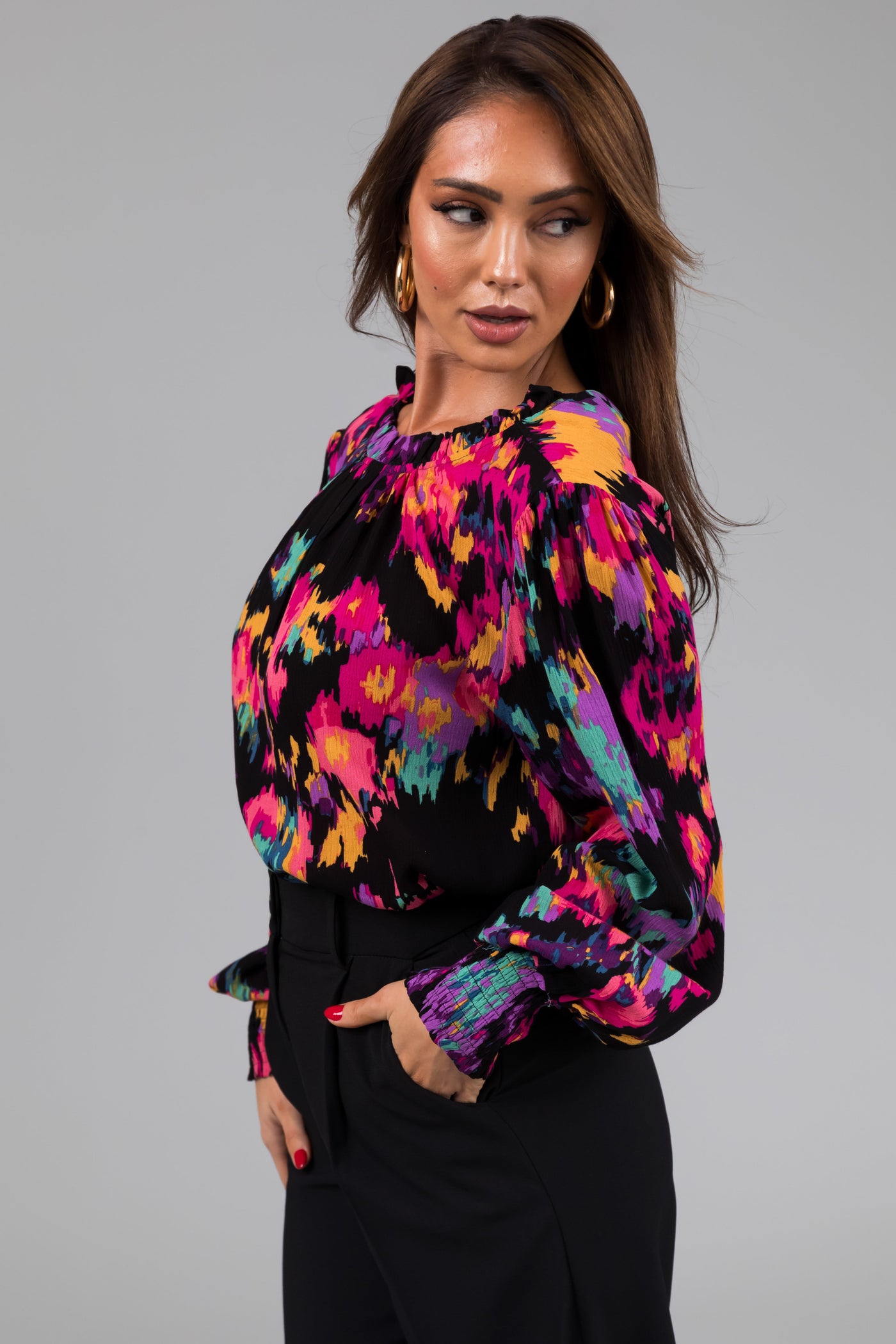 Black Abstract Floral Long Sleeve Blouse