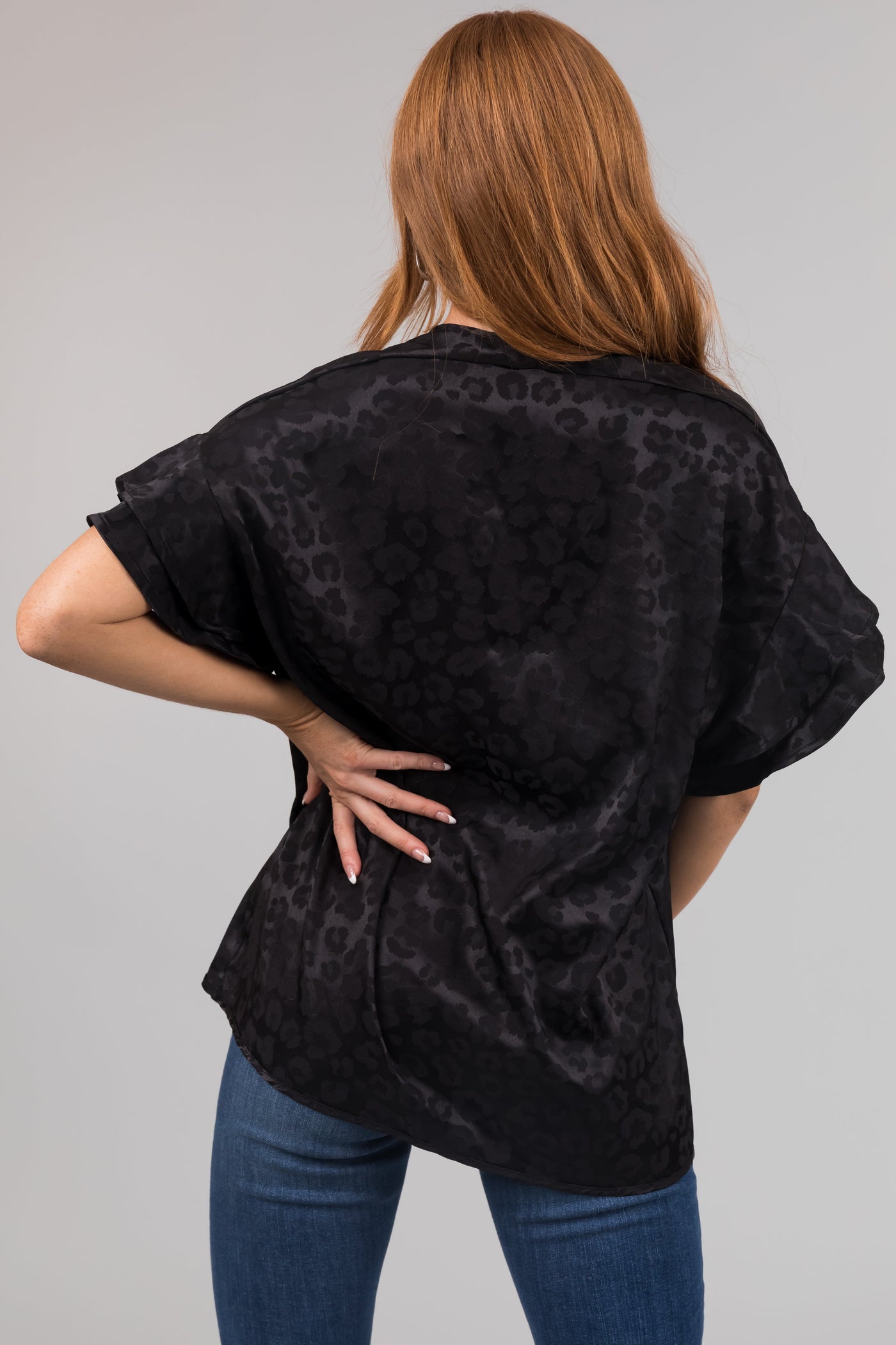 Black Animal Print Short Ruffle Sleeve Top