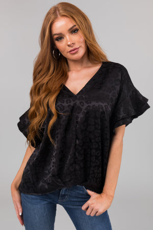 Black Animal Print Short Ruffle Sleeve Top
