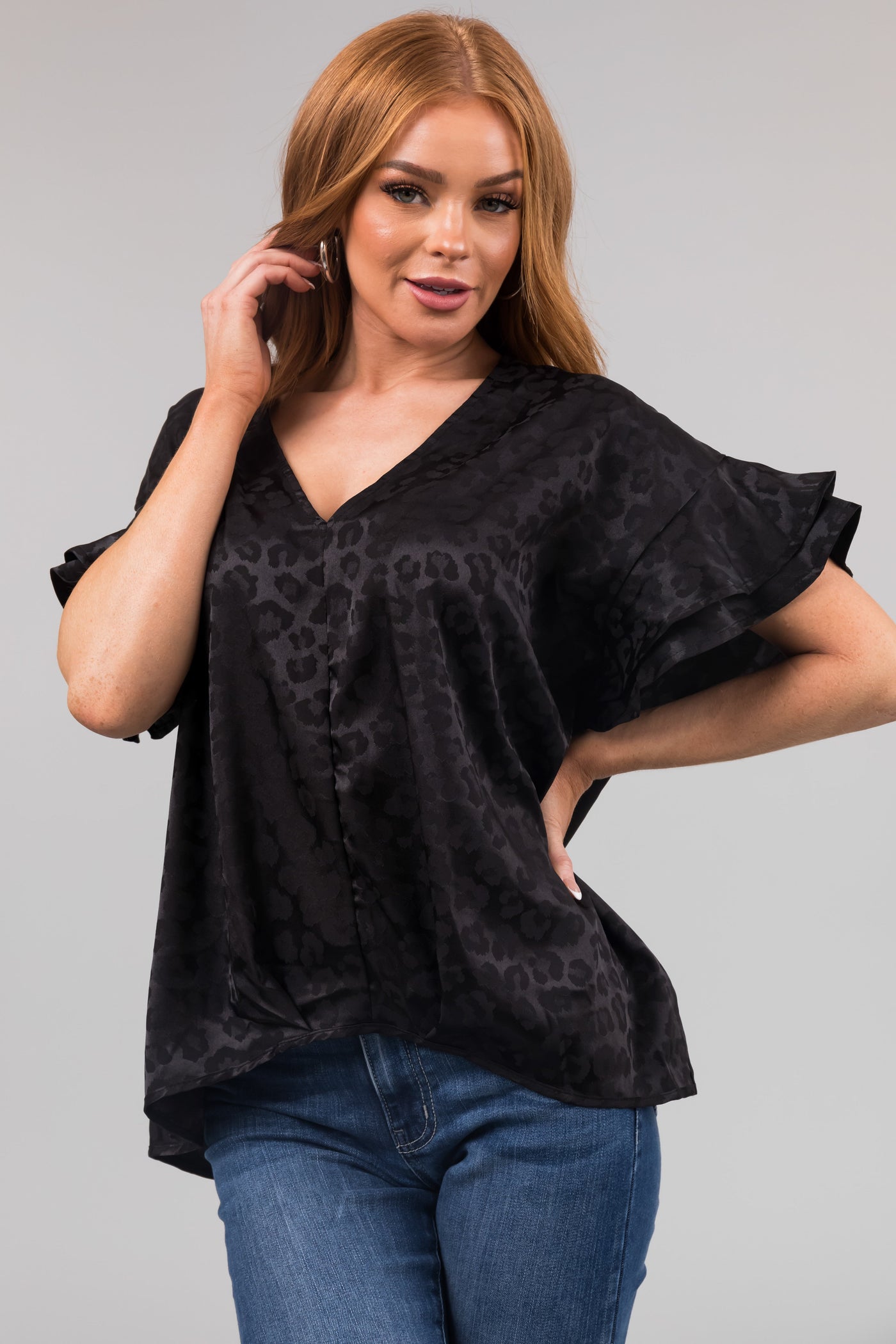 Black Animal Print Short Ruffle Sleeve Top