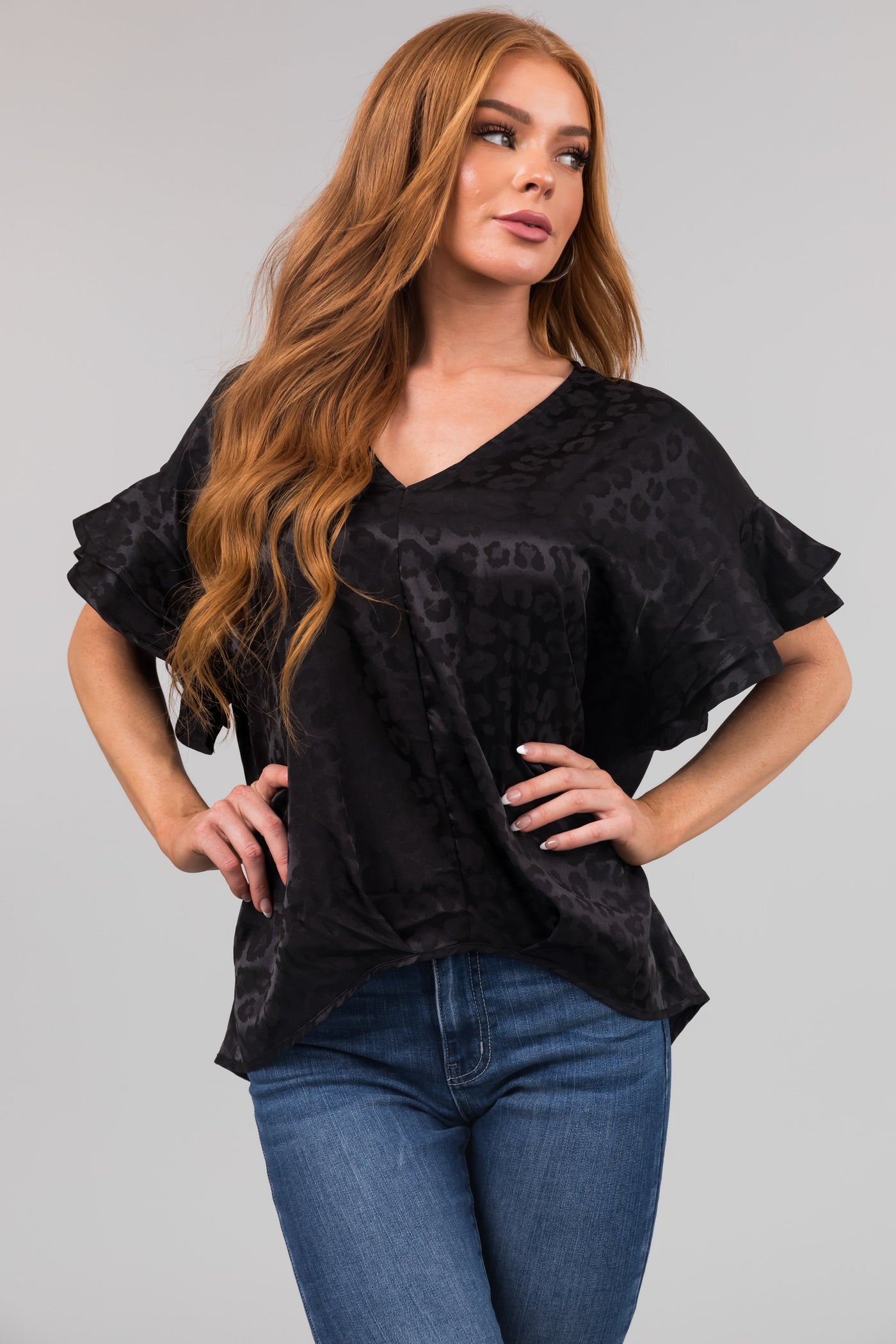 Black Animal Print Short Ruffle Sleeve Top