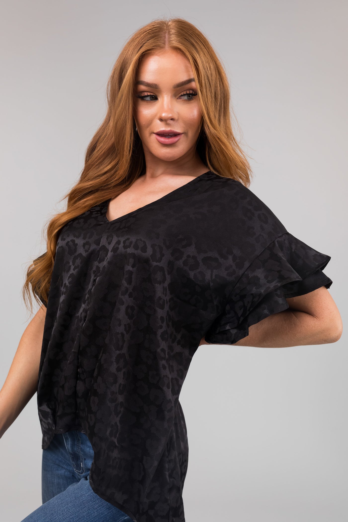 Black Animal Print Short Ruffle Sleeve Top