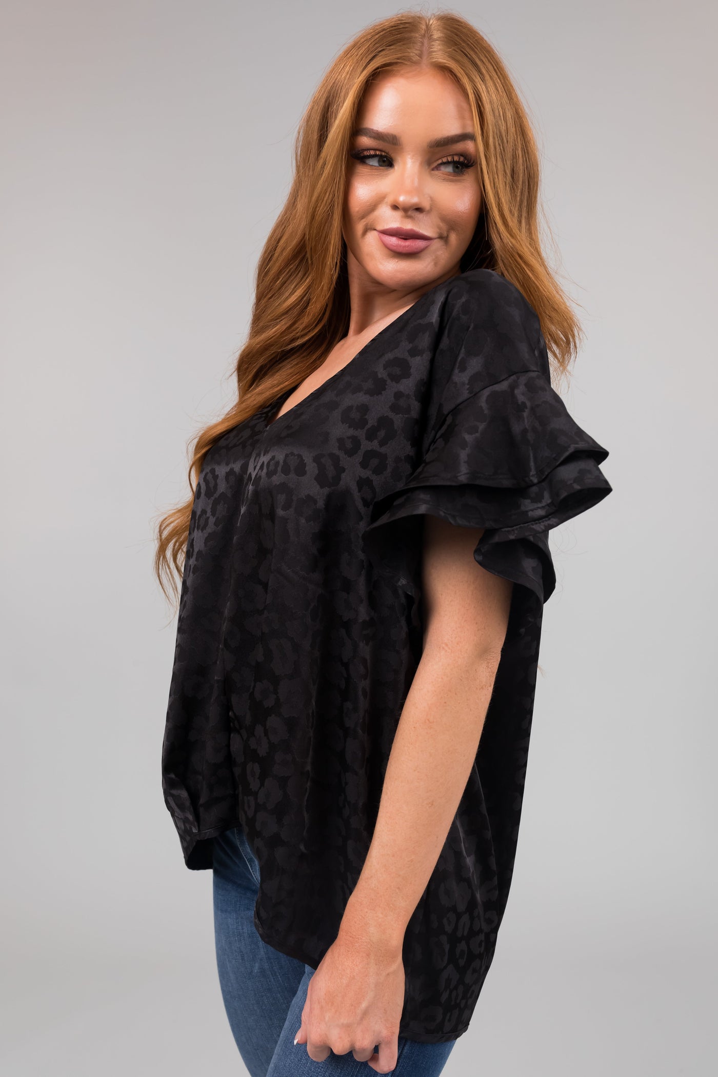 Black Animal Print Short Ruffle Sleeve Top