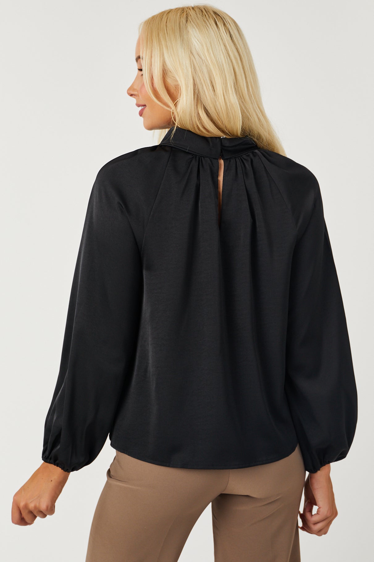 Black Bubble Sleeve High Neck Satin Blouse