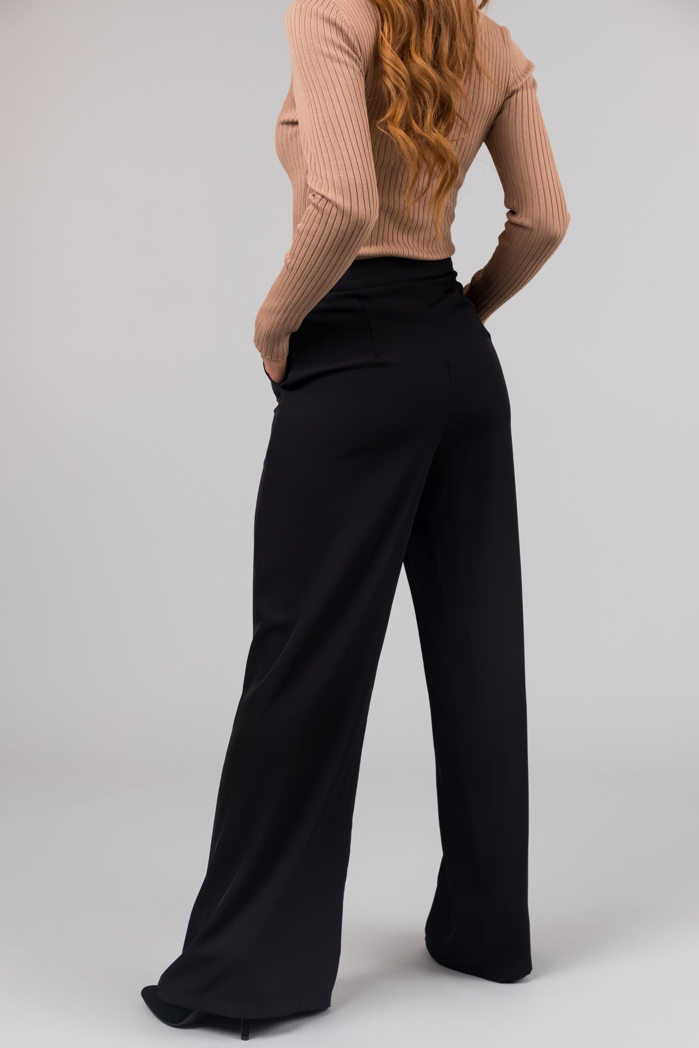 Black Buckle Waist Tie Wide Leg Pants