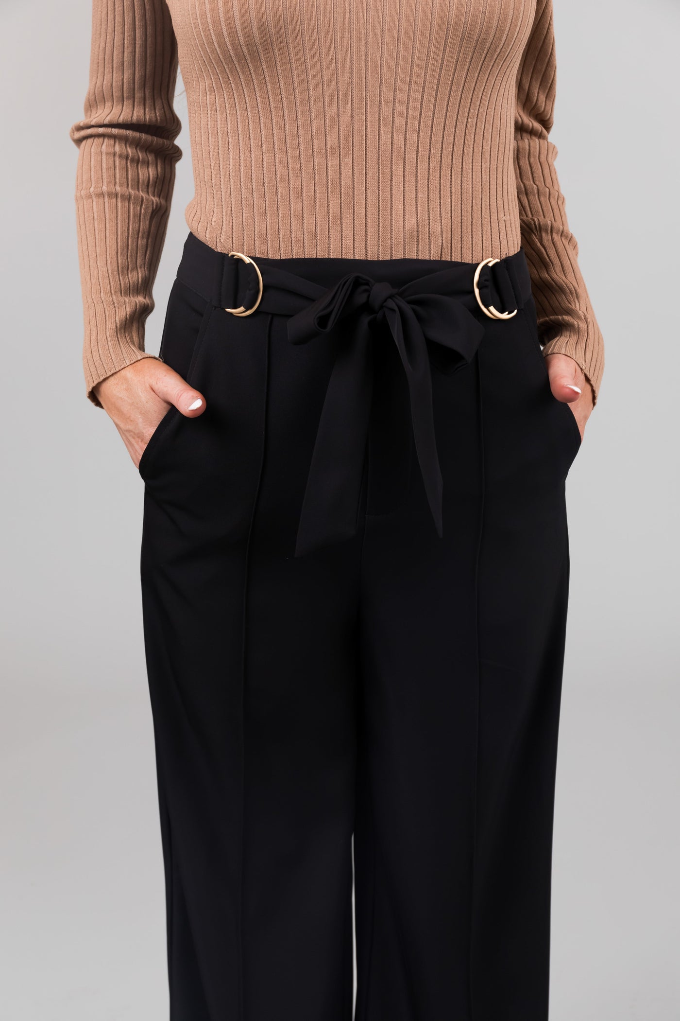 Black Buckle Waist Tie Wide Leg Pants