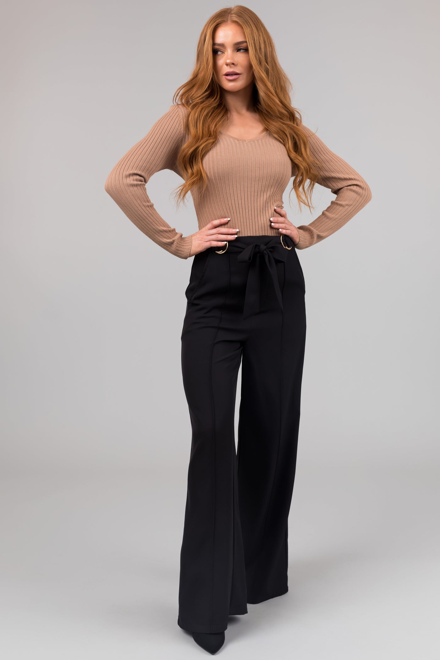 Black Buckle Waist Tie Wide Leg Pants