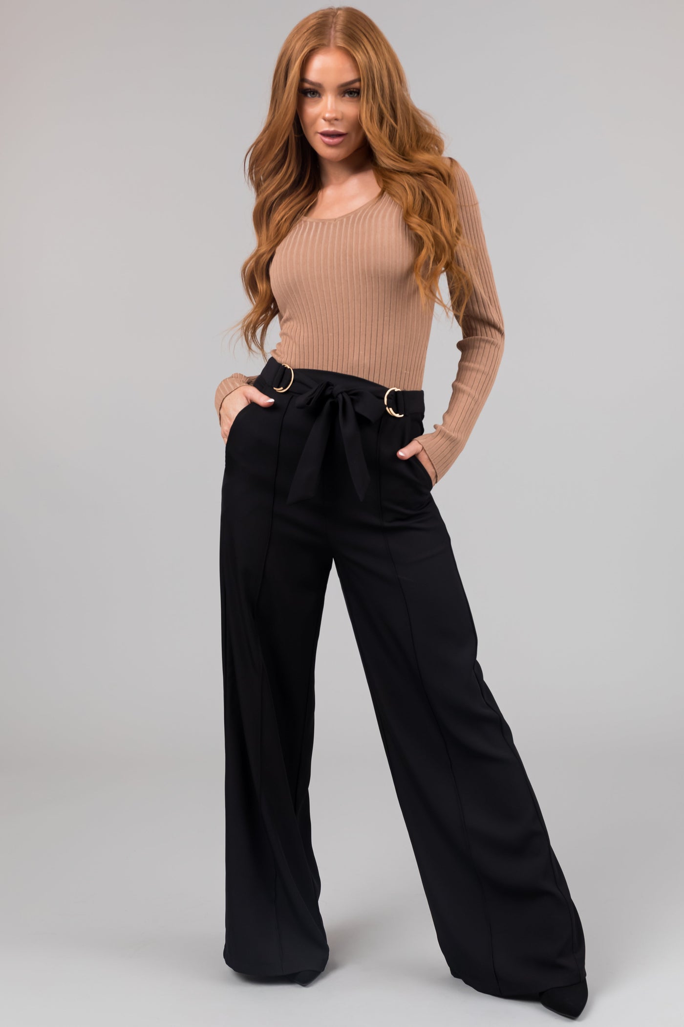Black Buckle Waist Tie Wide Leg Pants