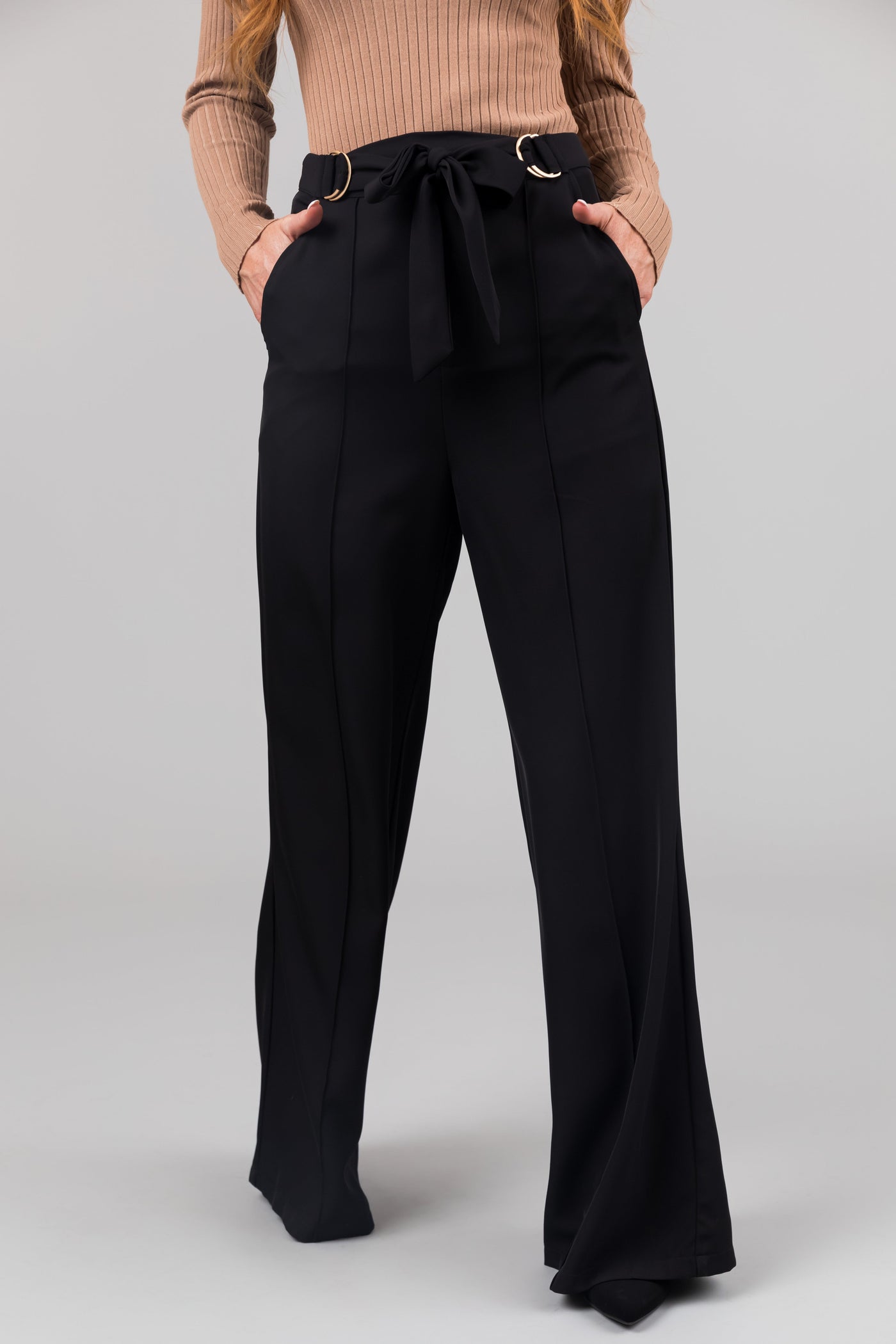 Black Buckle Waist Tie Wide Leg Pants