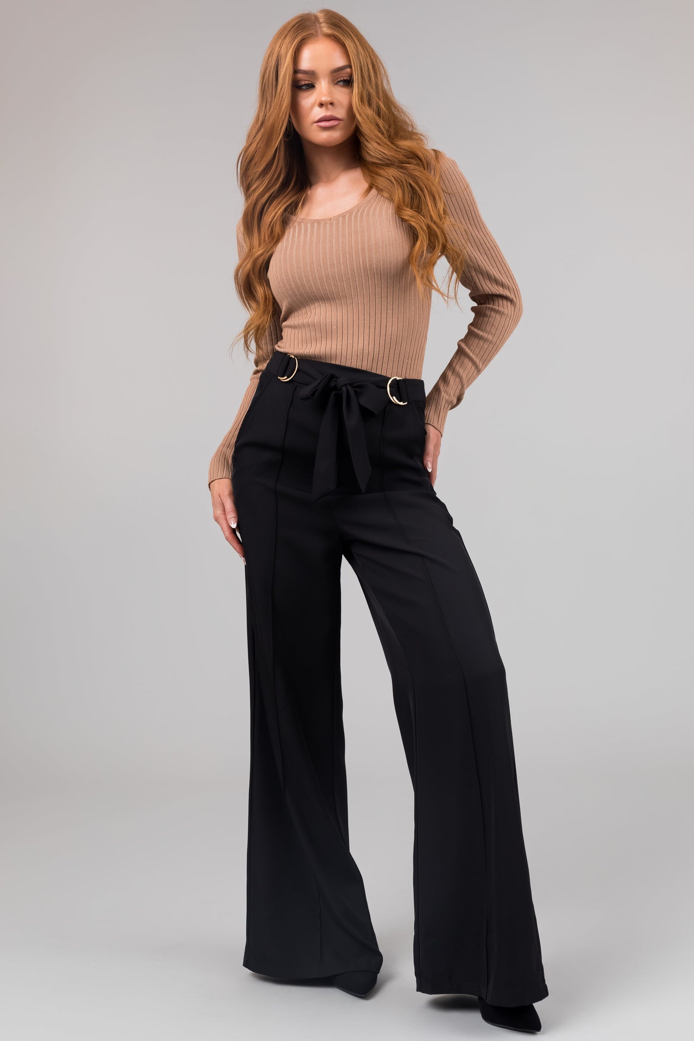 Black Buckle Waist Tie Wide Leg Pants