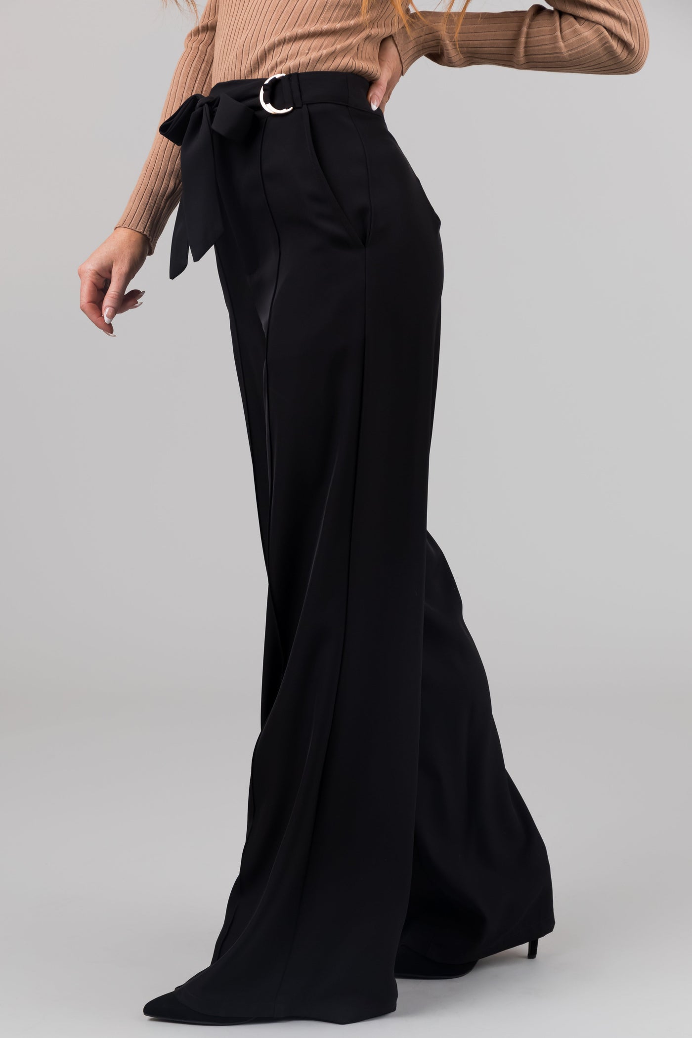Black Buckle Waist Tie Wide Leg Pants