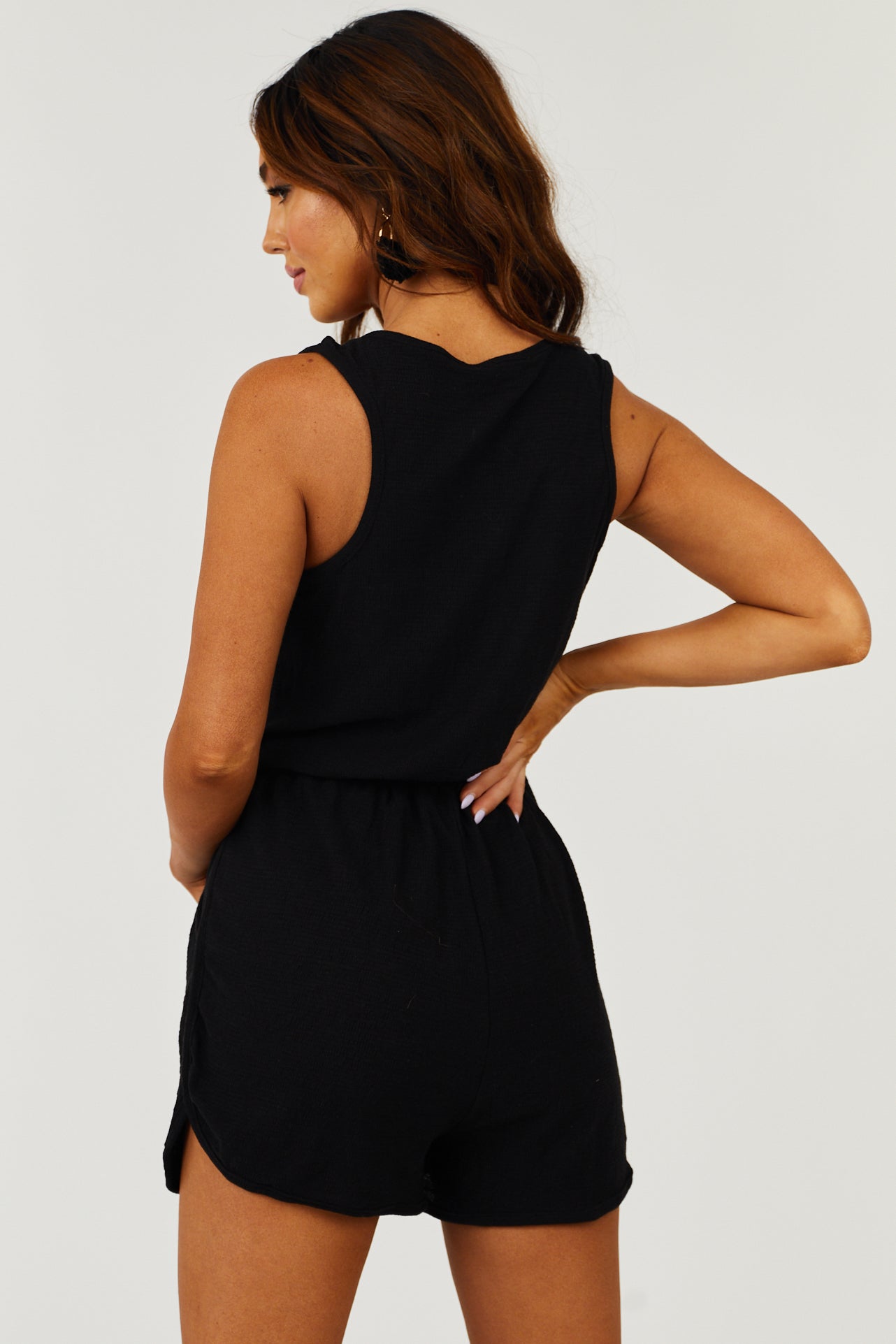 Black Button Down Sleeveless Romper
