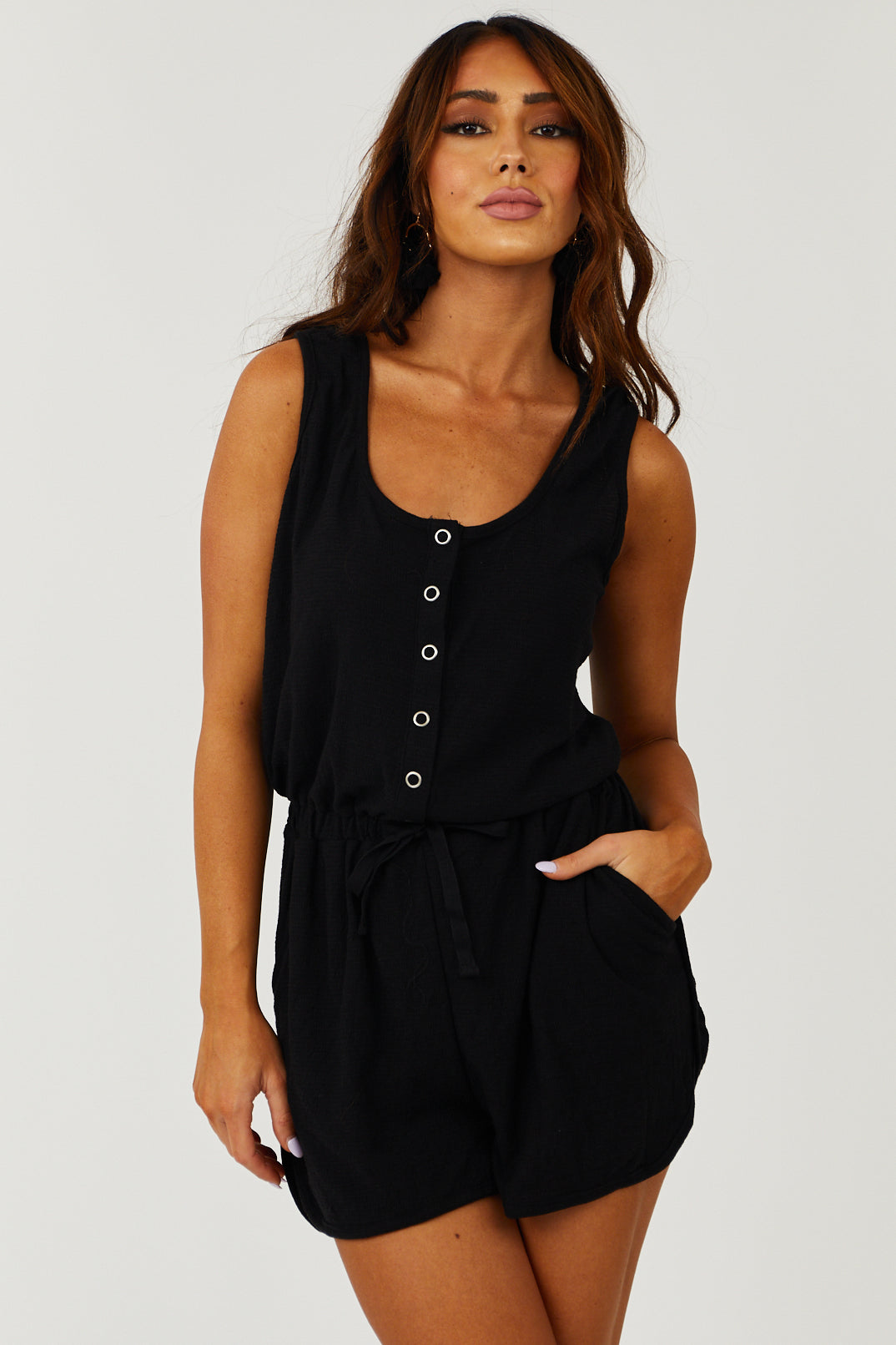 Black Button Down Sleeveless Romper
