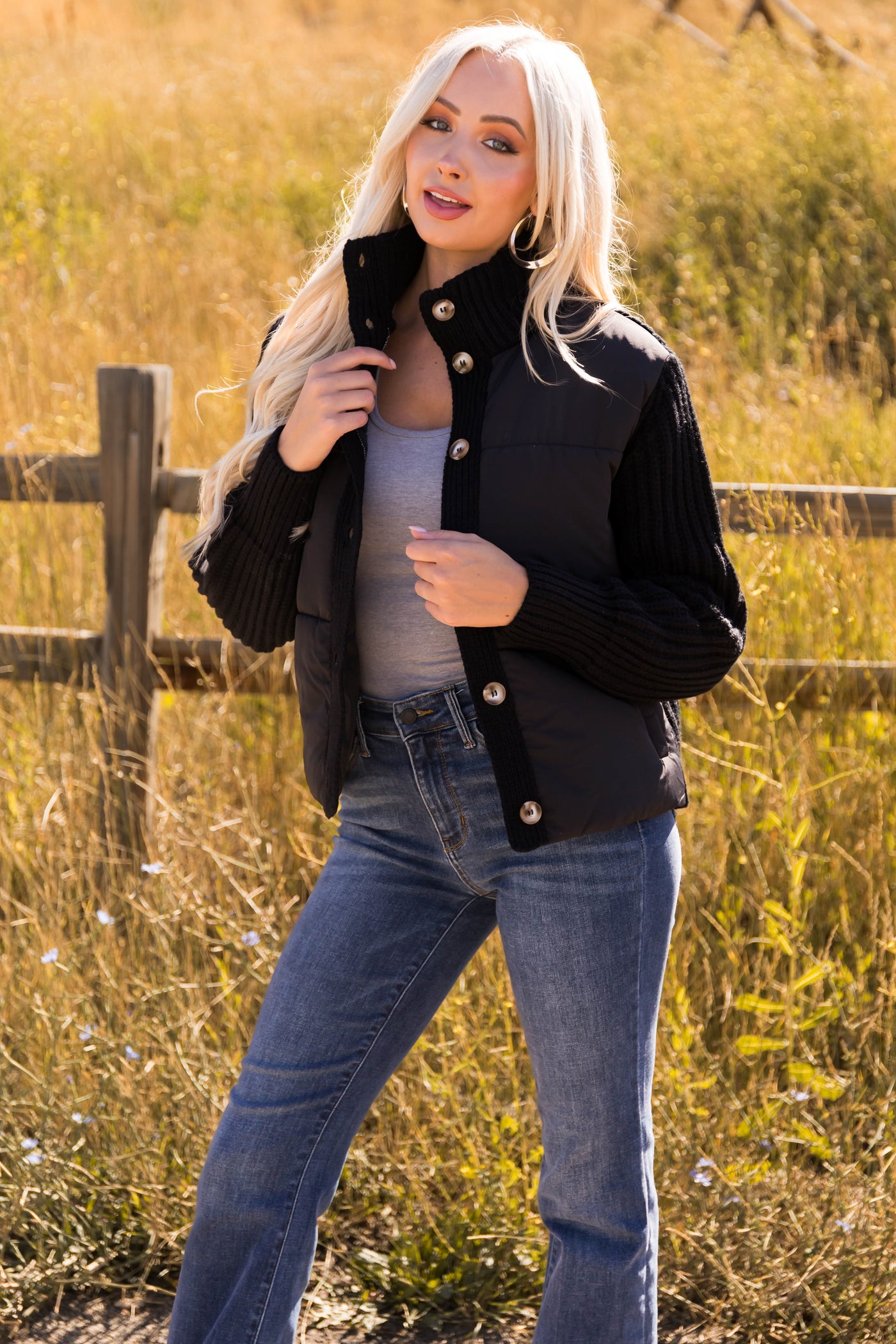 Black Button Up Long Sleeve Sweater Jacket