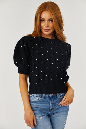 Black Cable Knit Pearl Studded Short Sleeve Sweater