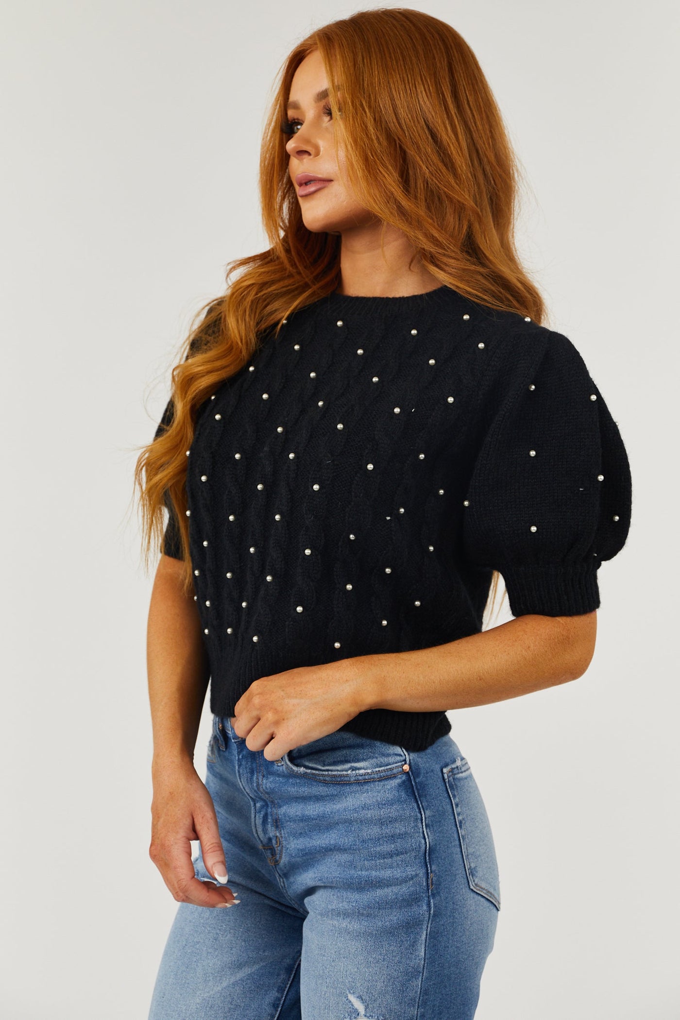 Black Cable Knit Pearl Studded Short Sleeve Sweater