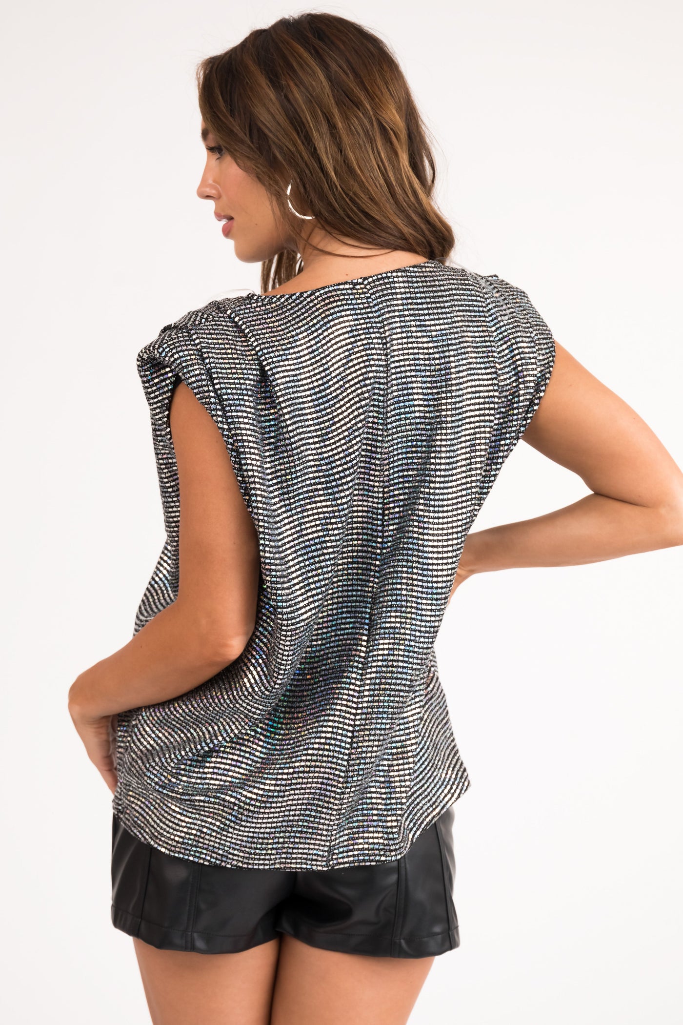 Black Cap Sleeve Top with Silver Iridescent Sequins