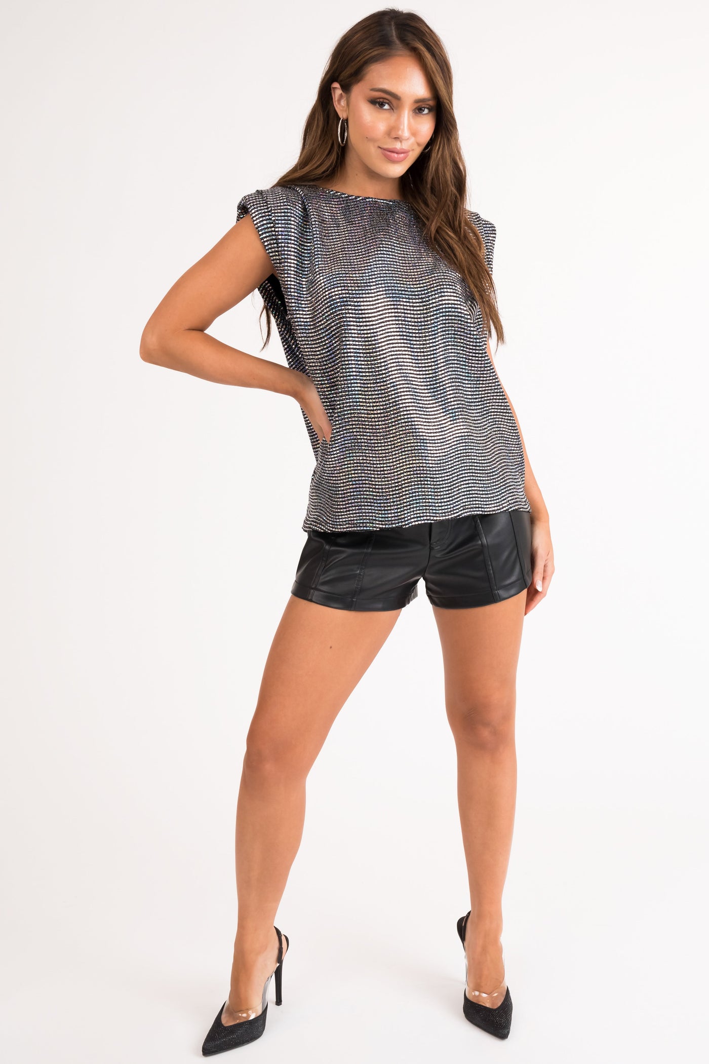 Black Cap Sleeve Top with Silver Iridescent Sequins