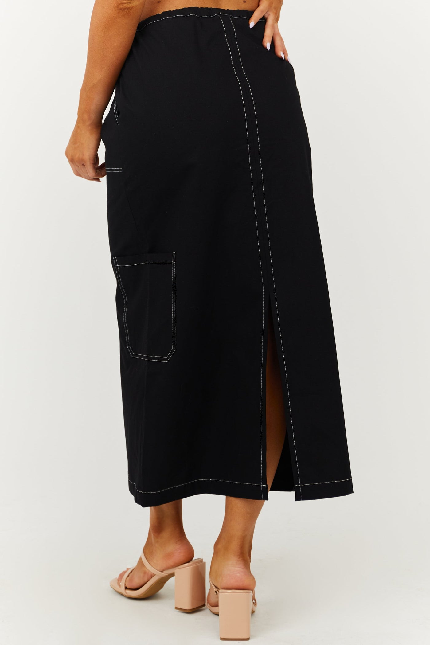 Black Cargo Midi Skirt with Contrast Stitching