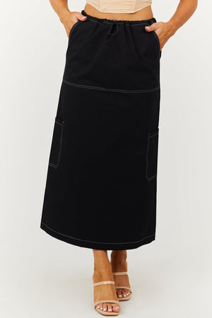 Black Cargo Midi Skirt with Contrast Stitching